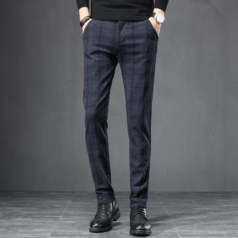 Men's Slim Fit Elastic Waist Brushed Plaid Pants