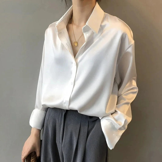 Elegant Long Sleeve Satin Button-Up Silk Blouse for Women