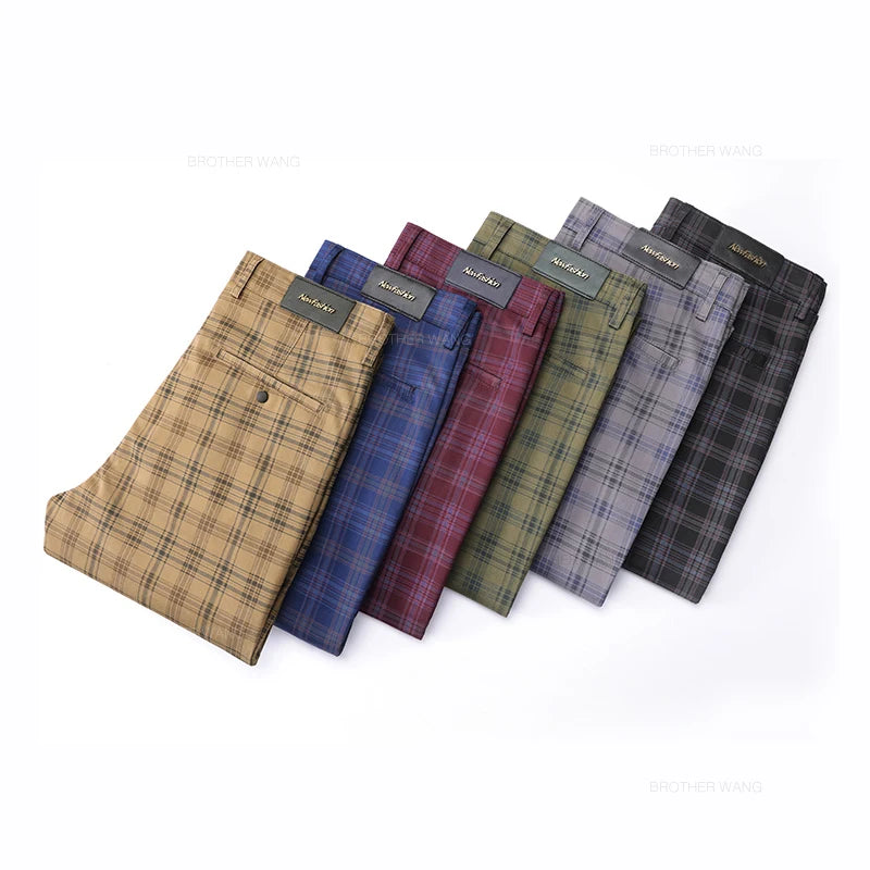 Slim Fit Cotton Plaid Stretch Trousers for Men