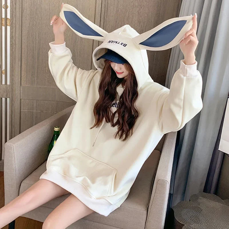 Women’s Fleece Thicken Hooded Pullover Sweater with Rabbit Ear Design