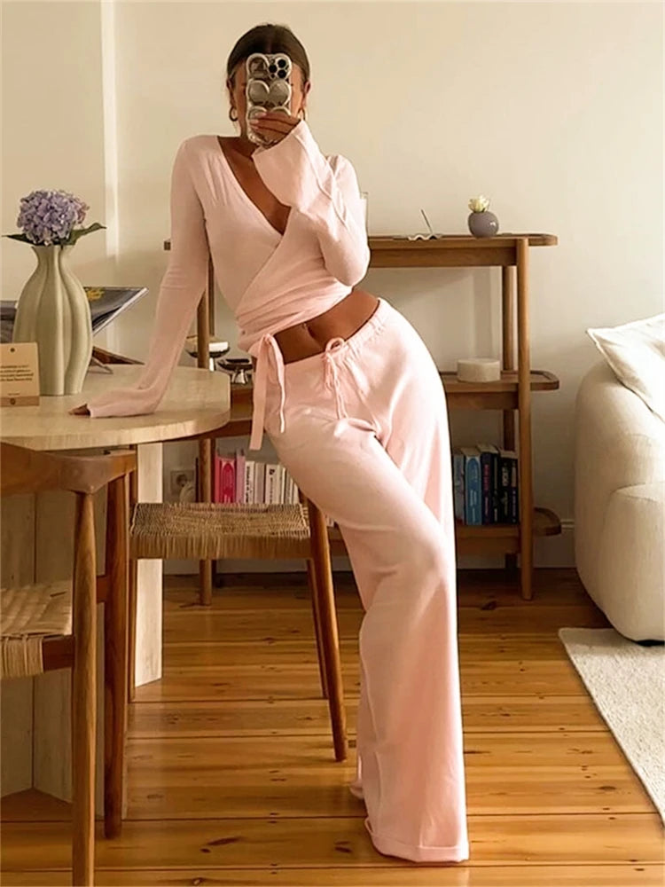 Women's 2-Piece Loose Pants and Flare Sleeve Crop Top Set