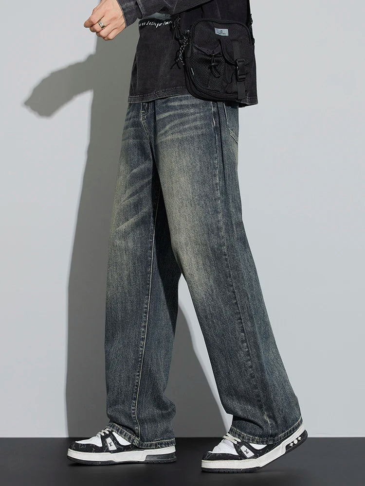 Men's Cotton Baggy Wide Leg Jeans – Retro Washed Denim Loose Fit Trousers for Men
