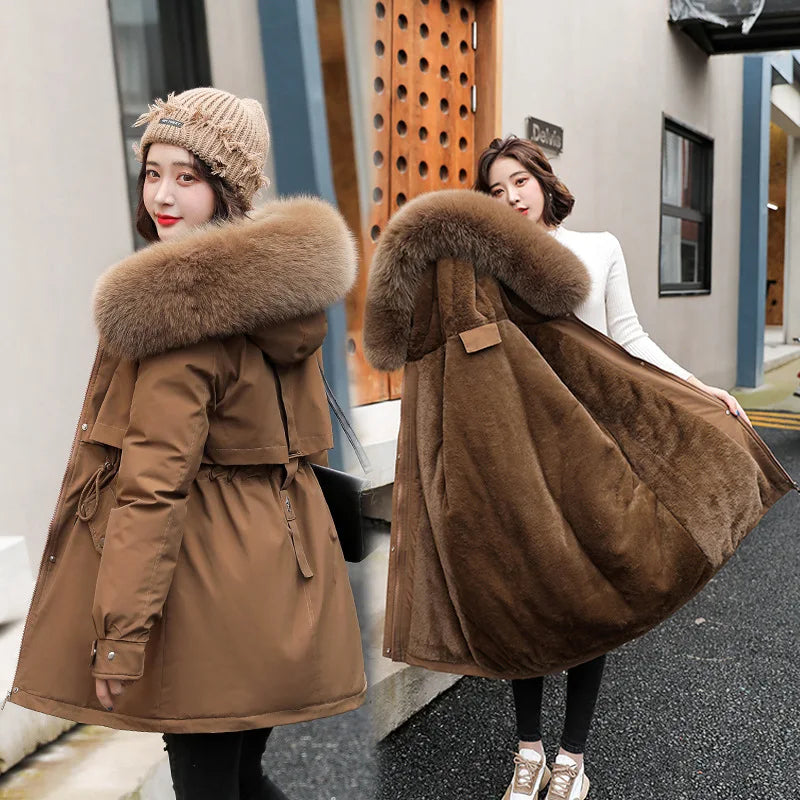 Women's Long Hooded Parka Coat with Wool Lining and Fur Collar