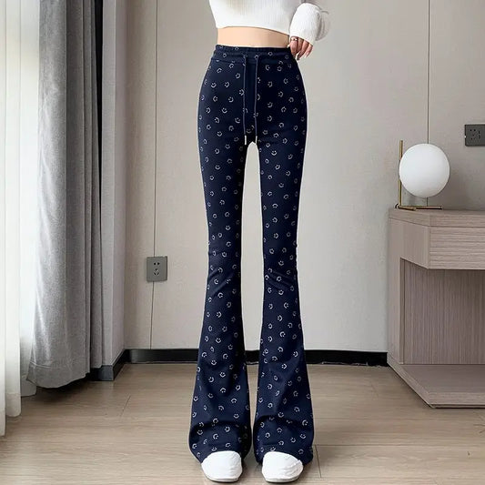 Retro Women's Smiling Face Print Wide-Leg Flared Pants – Slim Fit, Comfortable & Stylish Boho Trousers
