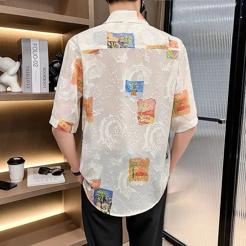 Men's Short Sleeve Floral Shirt - Loose Fit, Jacquard Design, Breathable Ice Silk