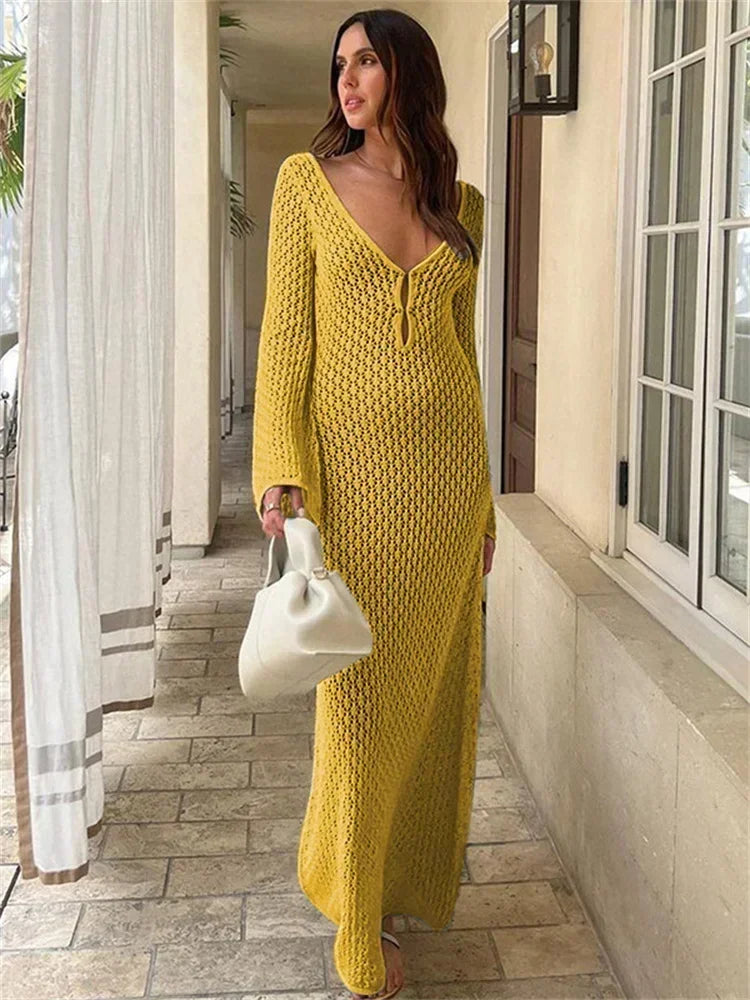 Women's Knitted Crochet Maxi Cover Up Dress - Hollow Long Sleeve & Backless