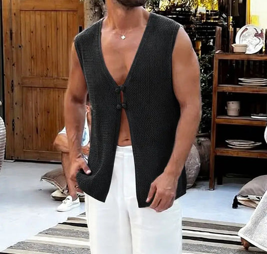 Men's Summer Tank Top with Solid Design, Hollow Out, See-Through Style, and Button Detail