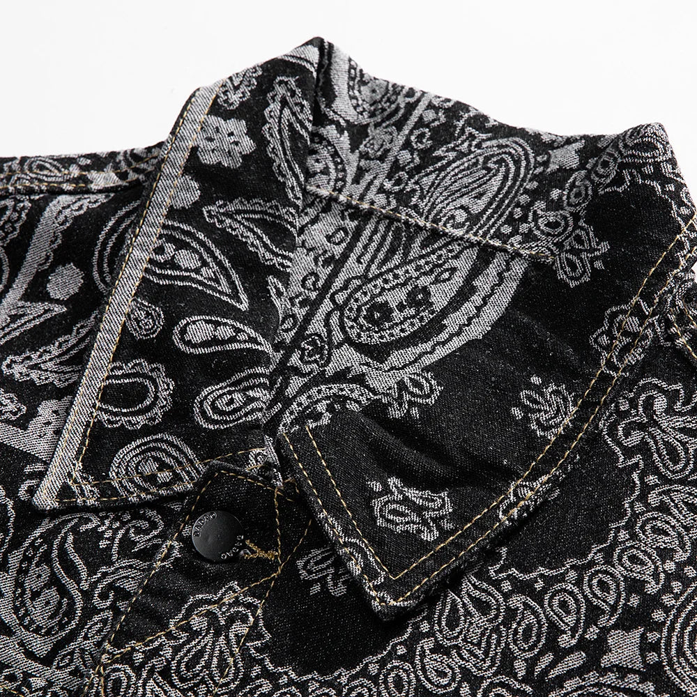 Men's Paisley Print Denim Jacket - Loose Fit Bandana Style Casual Outerwear