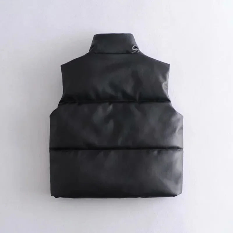 Women's PU Leather Stand Collar Vest Jacket with Zipper