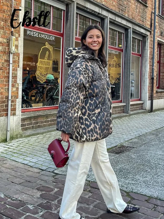 Women's Leopard Print Cotton Coat with Detachable Hood and Zipper Closure