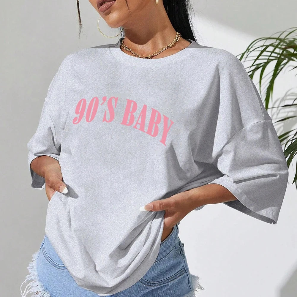 90s Baby Creativity Letter Graphic Tee - Oversized Women's Cotton T-Shirt