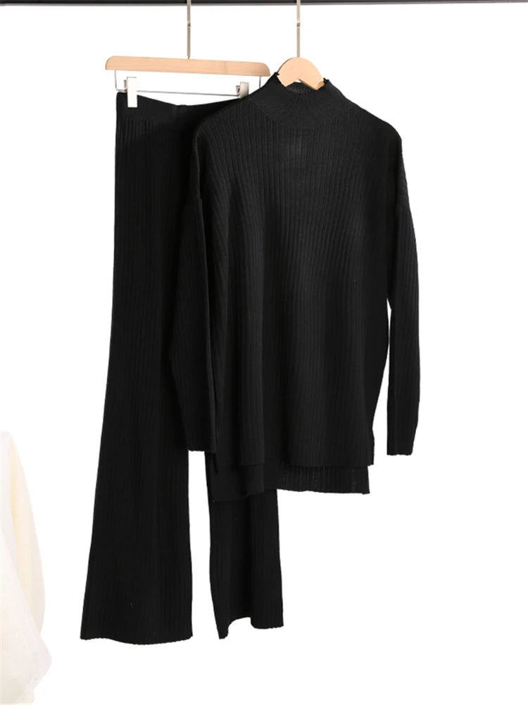 Women's 2 Piece Knitted Turtleneck Sweater & Straight Leg Pants Set