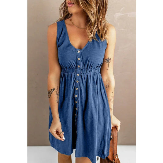 Women’s Sleeveless Button-Down Dress with Elastic Waist – Swing Style, Loose Fit
