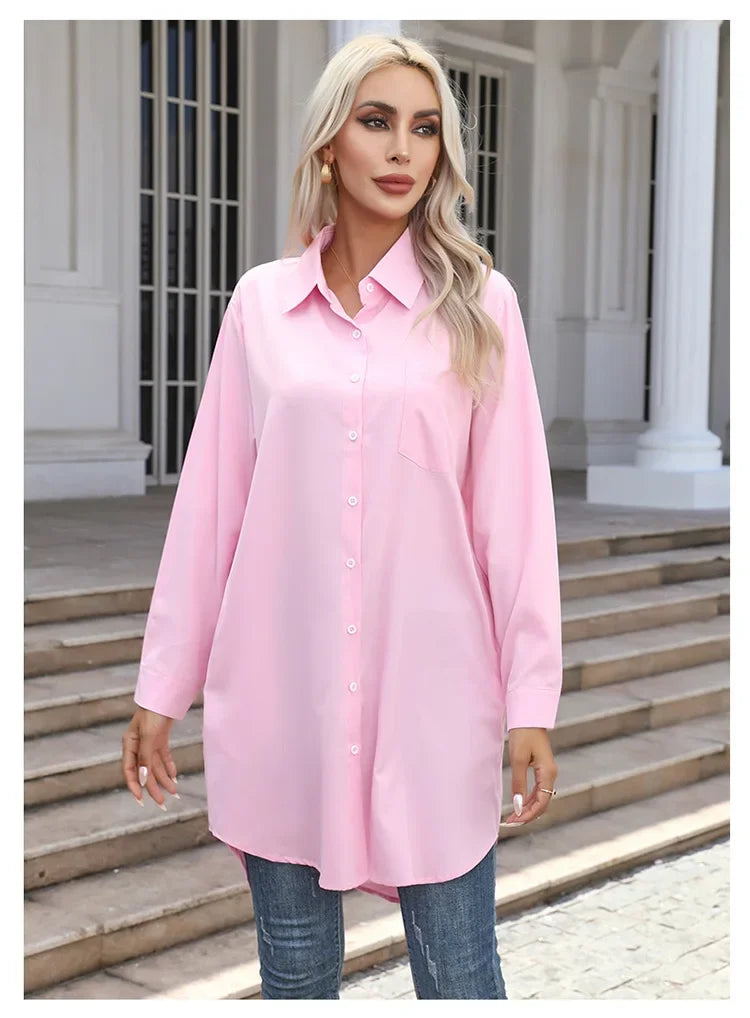 Women's Oversized Long Button-Up Shirt with Pockets - Stylish Blouses & Casual Wear