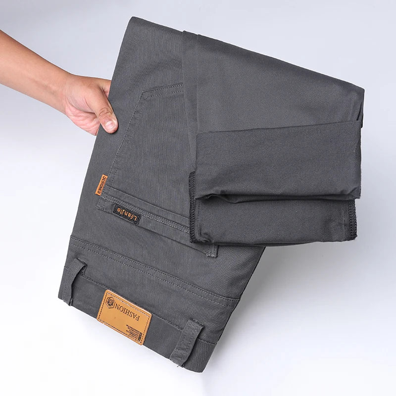 Men's Classic Slim Straight Trousers - Pure Cotton Stretch Pants