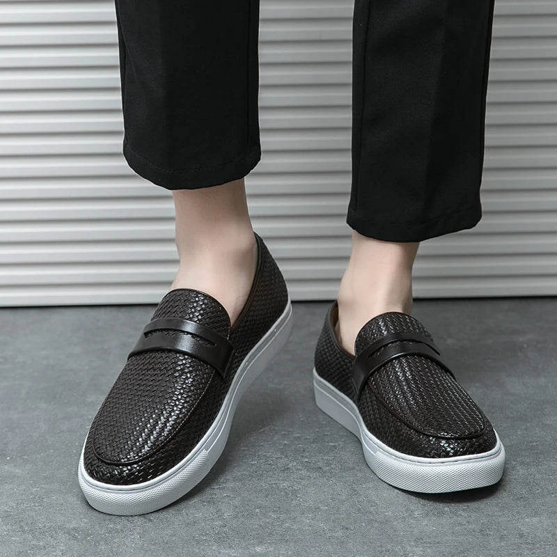 Men's Slip-On Loafers - Soft Leather Shoes with Elegant Weave Pattern