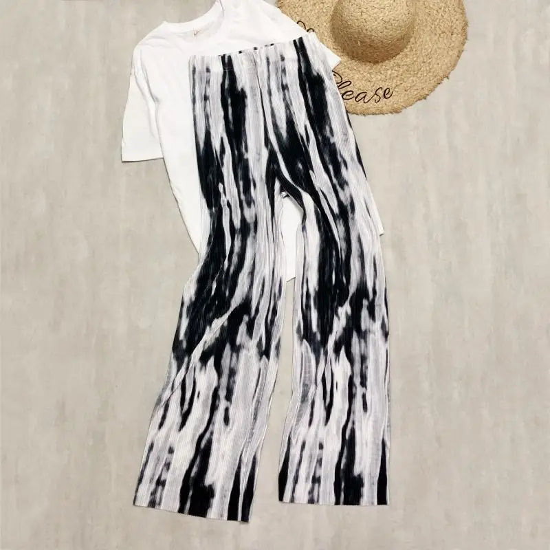 REALEFT Vintage High-Waist Printed Long Pants - Loose Wide Leg Fit- Loose Wide Leg Fit