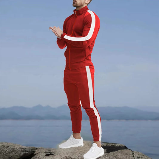 Men's Two-Piece Striped Standing Collar Zipper Jacket & Jogger Set