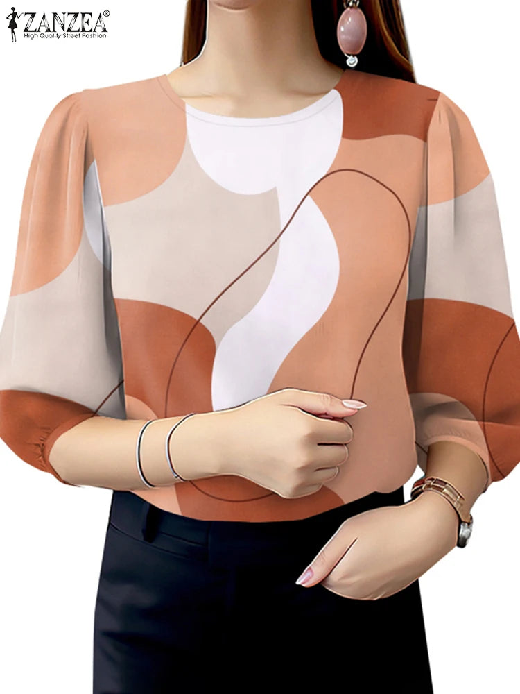 ZANZEA Women's Elegant Color-Blocked 3/4 Puff Sleeve Blouse