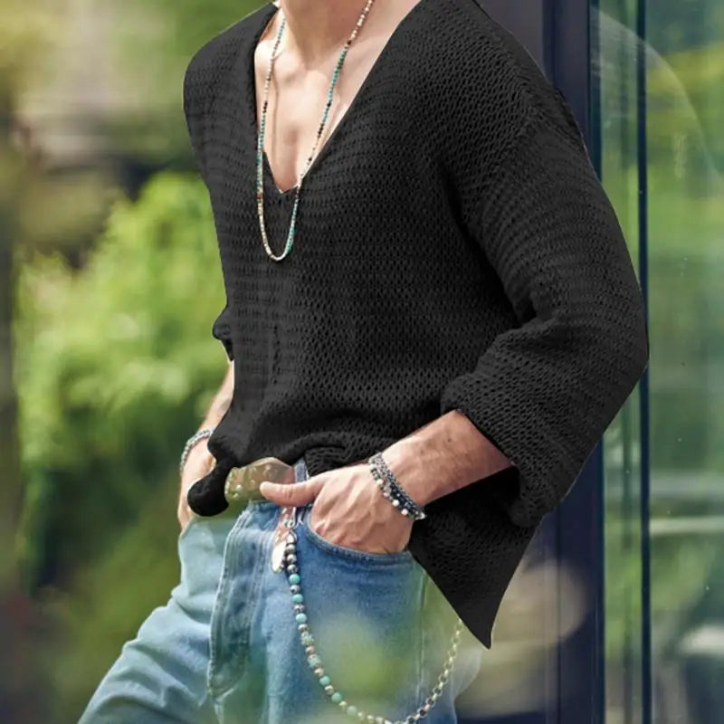 Men's Knit V-Neck Long Sleeve Hollow Out Loose Fit Sweater