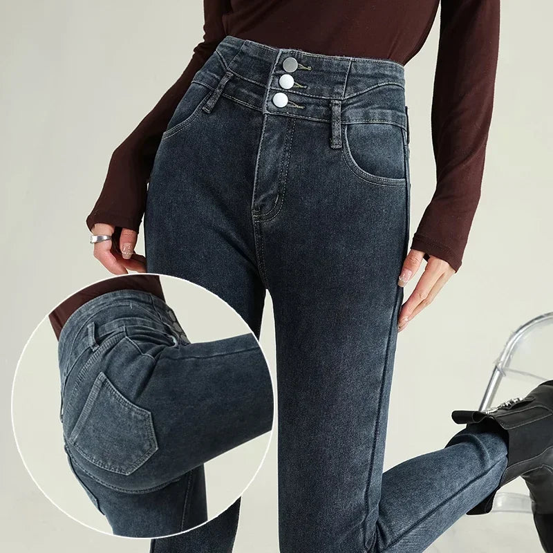 Women's High-Waisted Stretch Denim Pants with Multi-Button Closure