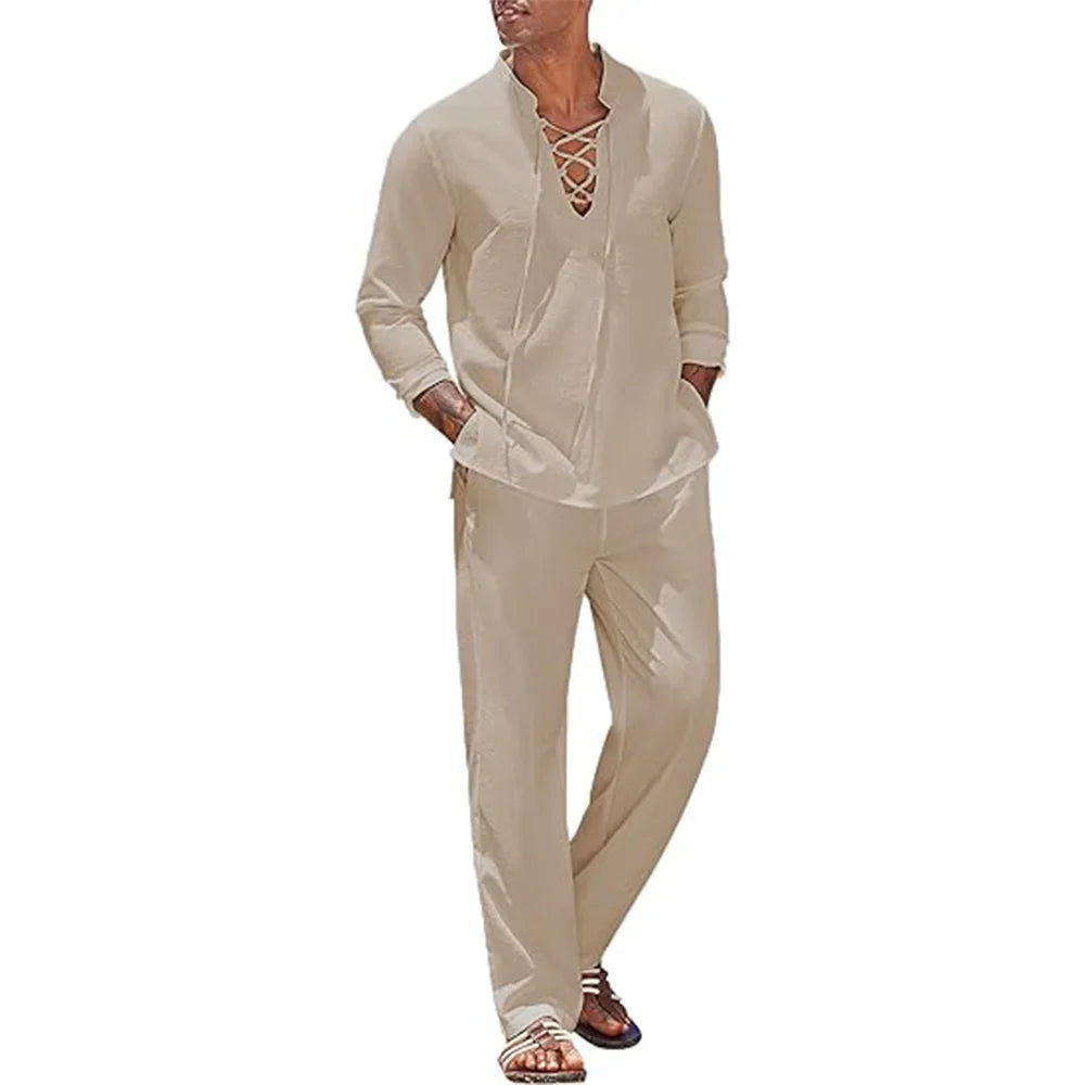 2-Piece Men's Cotton Linen Shirt and Pants Set
