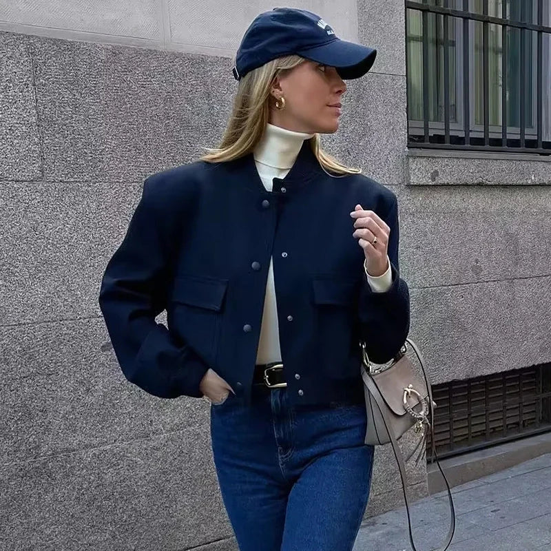 Women's Cropped Bomber Jacket - Button-Up Outerwear with Long Sleeves