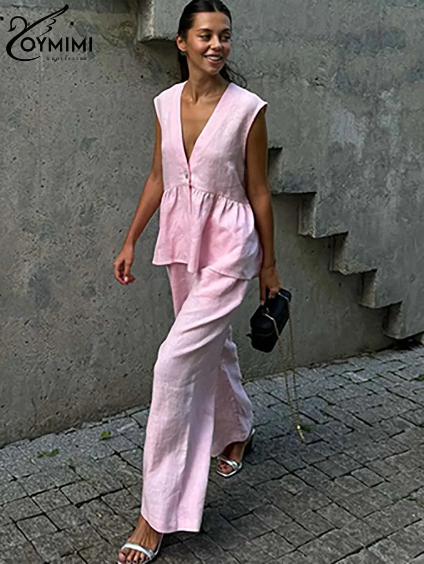 Women's 2-Piece Blue Cotton Linen Set: V-Neck Backless Halter Lace-Up Vest and Straight Pants