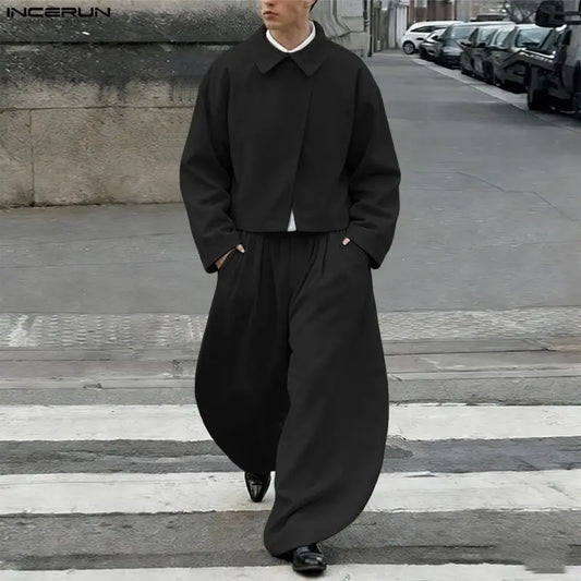 INCERUN Men’s Two-Piece Set: Lapel Long Sleeve Flared Shirt & Flared Pants