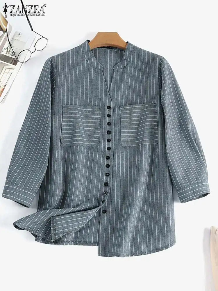 ZANZEA Women's Vintage Striped Blouse - 3/4 Sleeve Loose-Fitting Button-Up Shirt