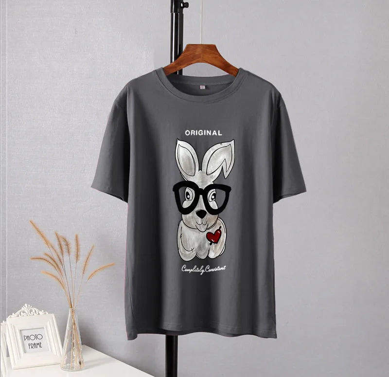Elegant Rabbit Cartoon Printed Oversized Cotton T-Shirt for Women – Casual Style by Hirsionsan
