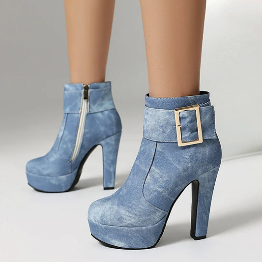 Women's Square Metal Decal Denim Platform Shoes with Thick Heel and Zipper