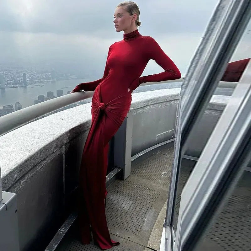 Tight-Fitting Lace-Up High Neck Long Sleeve Bodycon Dress for Women