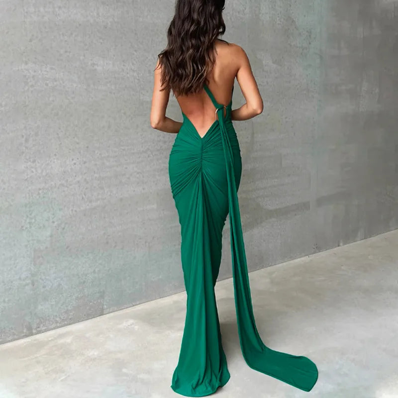 Hugcitar Adjustable Backless Ruched Dress with Single Shoulder and Scarf Loop for Women