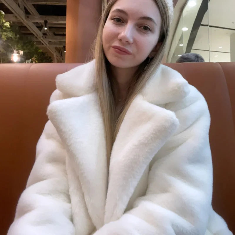 Women's Thick Faux Fur Long Overcoat with Turn-Down Collar