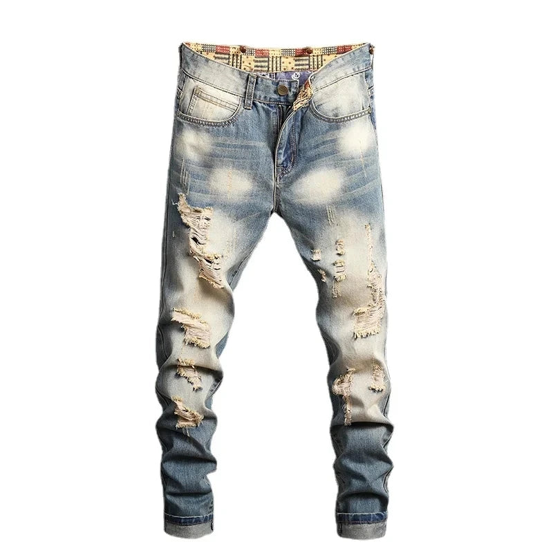 Men's Distressed Ripped Slim Fit Stretch Straight Denim Jeans