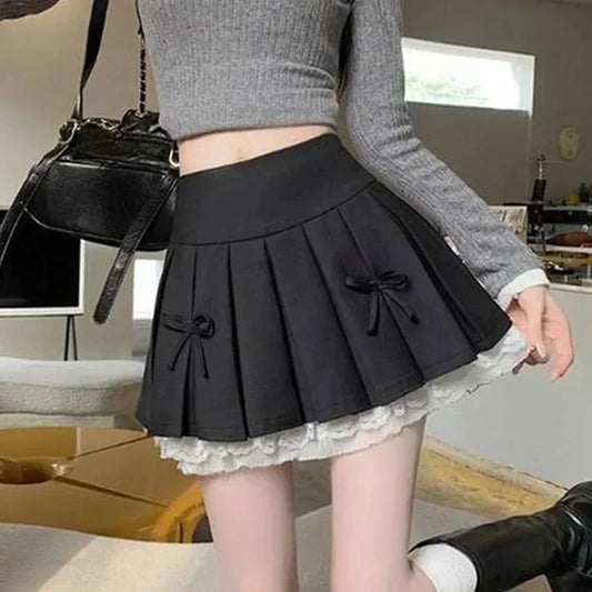 High Waist Pleated Mini Skirt for Women - Lace Preppy Bow Skirt