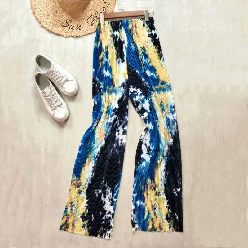 REALEFT Vintage High-Waist Printed Long Pants - Loose Wide Leg Fit- Loose Wide Leg Fit