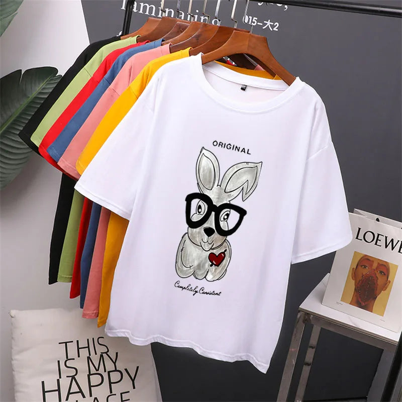 Elegant Rabbit Cartoon Printed Oversized Cotton T-Shirt for Women – Casual Style by Hirsionsan