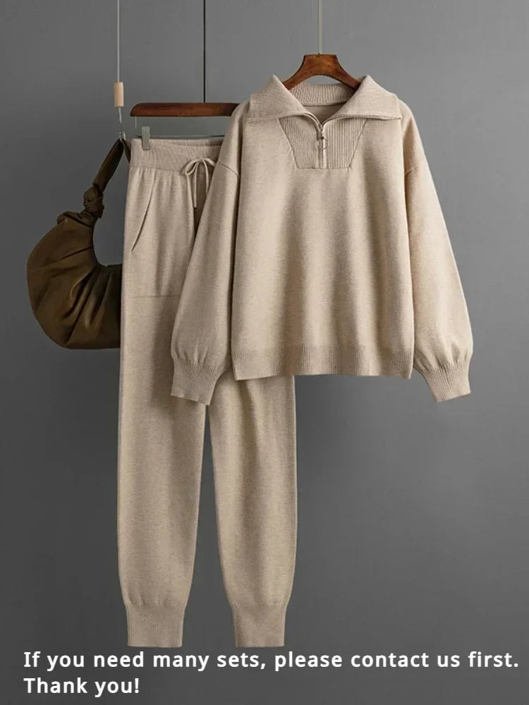 Women's Knitted Sweater and Pants Set - Versatile 2-Piece Outfit