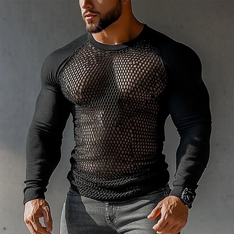 Men's Casual Transparent Mesh Long Sleeve Sweater – Breathable, Stylish, and Comfortable Knit Top