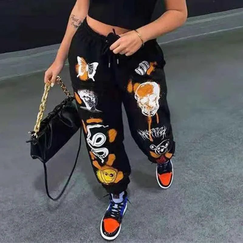 Women's High-Waist Sweatpants with Harajuku Cartoon Design