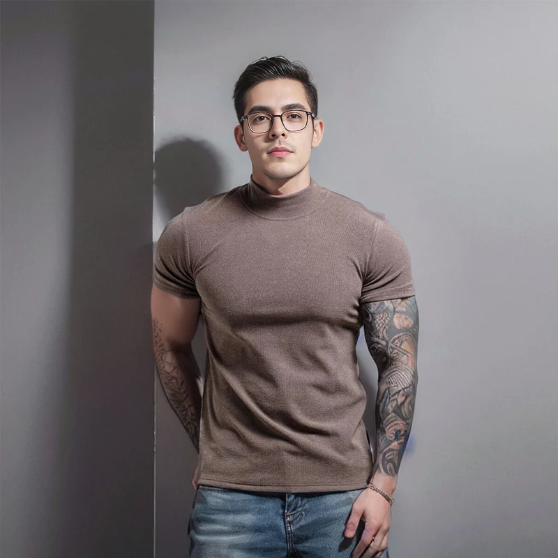 Men's Short Sleeve T-Shirt with Half High Collar – Slim Fit Casual Top for Men