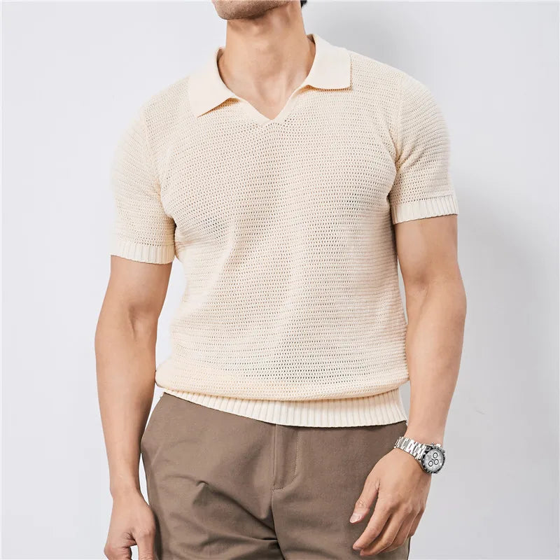 Men's Slim Fit Knitted Polo T-Shirt with V-Neck