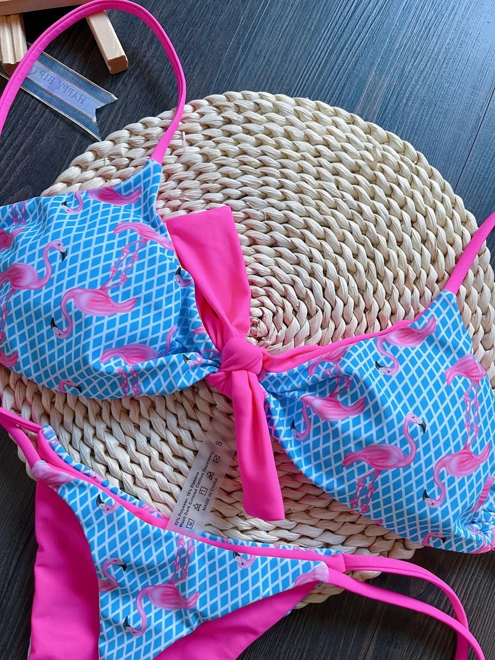 Women's Grid Flamingo Print Two-Piece Swimwear Set with Push-Up Thong Bikini