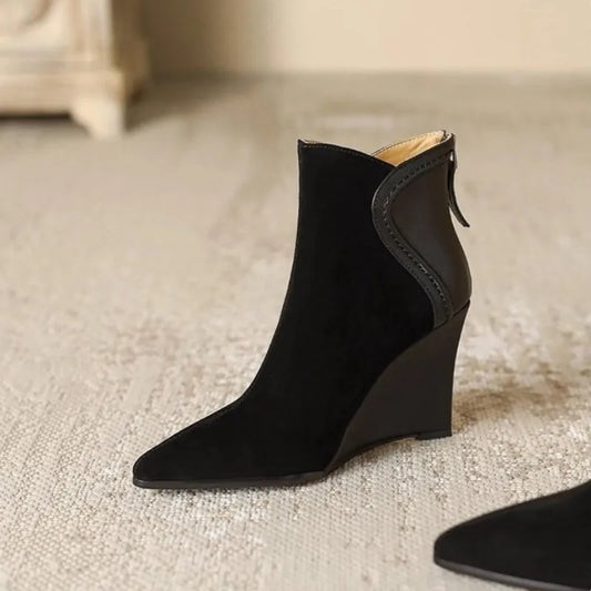 Women's Faux Leather Wedge Heels - Pointed Toe Suede Shoes with Zipper,