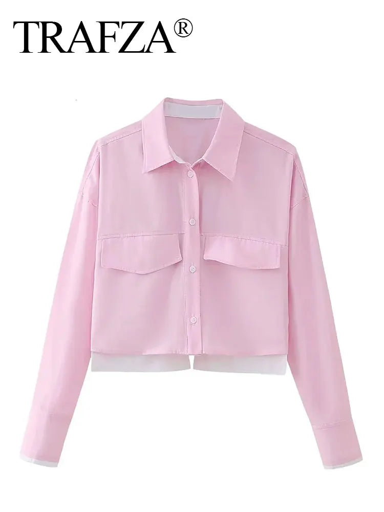 TRAFZA Women’s Cropped Button-Up Shirt