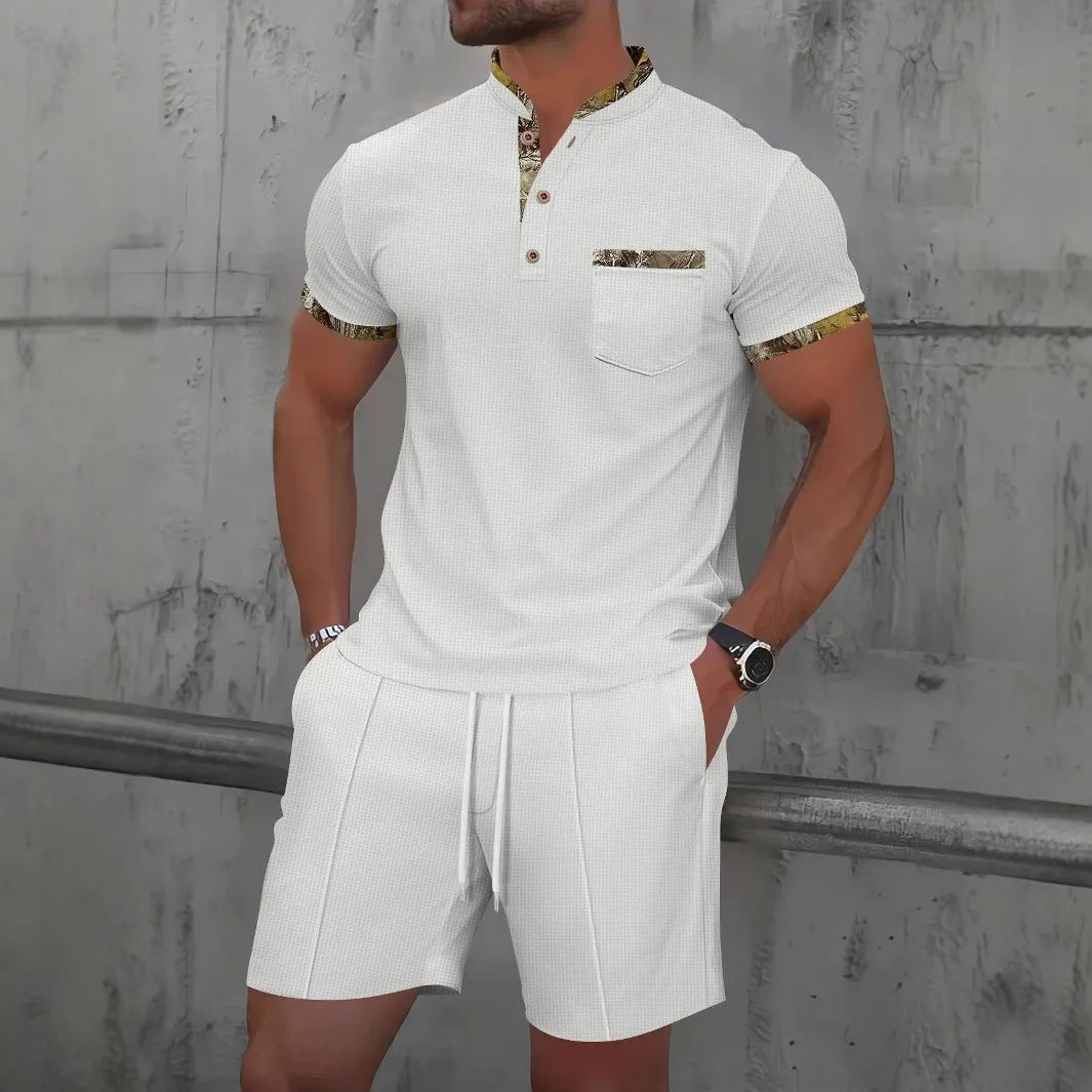 Men's Two-Piece Zip-Up Lapel T-Shirt and Shorts Set - Casual Summer Activewear
