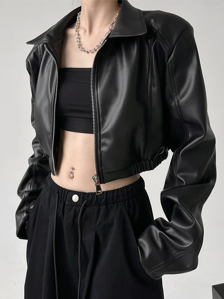 Women's PU Leather Lapel Jacket with Long Sleeves, Crop Style, Zipper Closure
