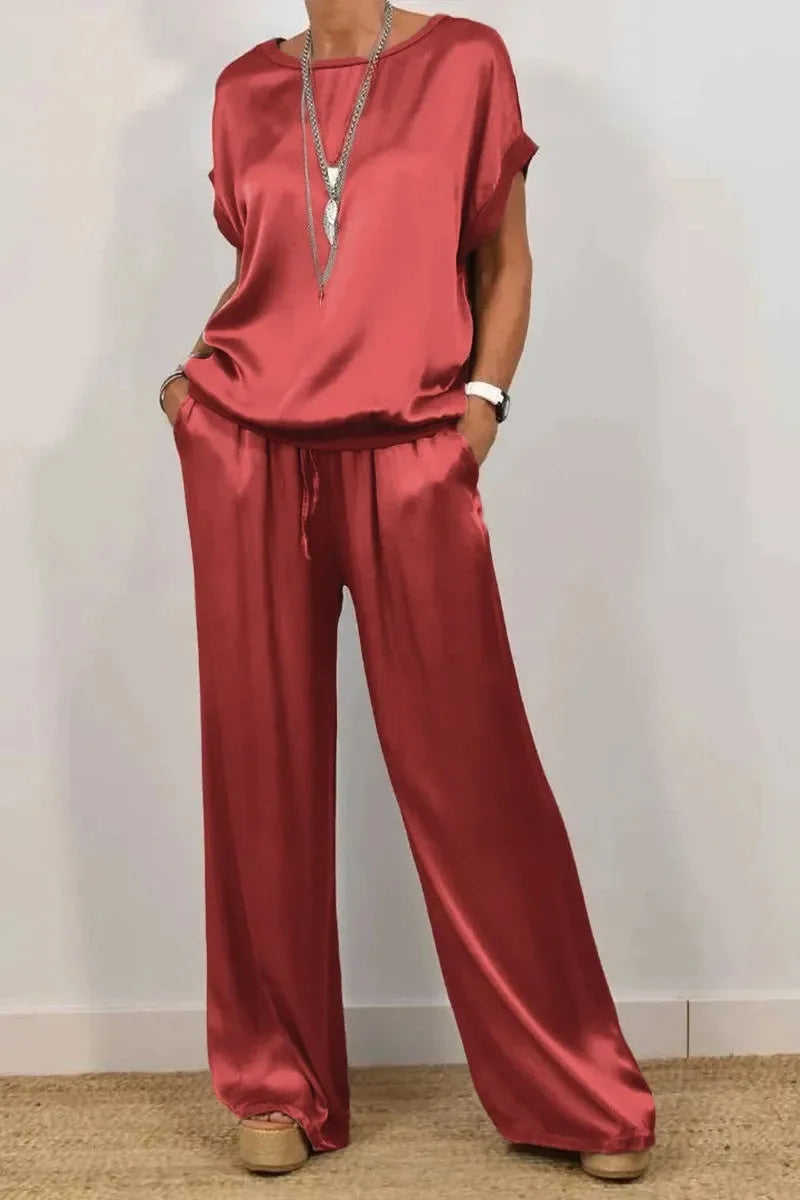 Women's Smooth Satin Two-Piece Set: Short Sleeve Top & Wide Leg Pants